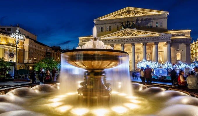 Fountain and Bolshoi Theater Illuminated in the Night, Moscow © anshar/Shutterstock - Russia